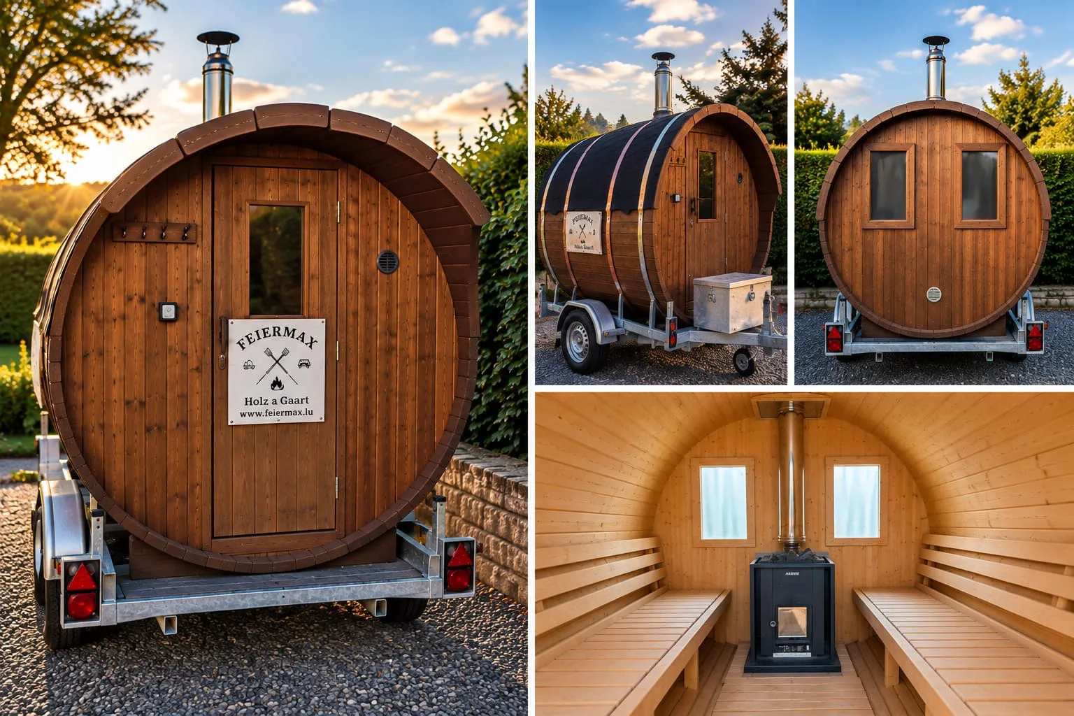 Vues du sauna mobile FEIERMAX, extérieur et intérieur
